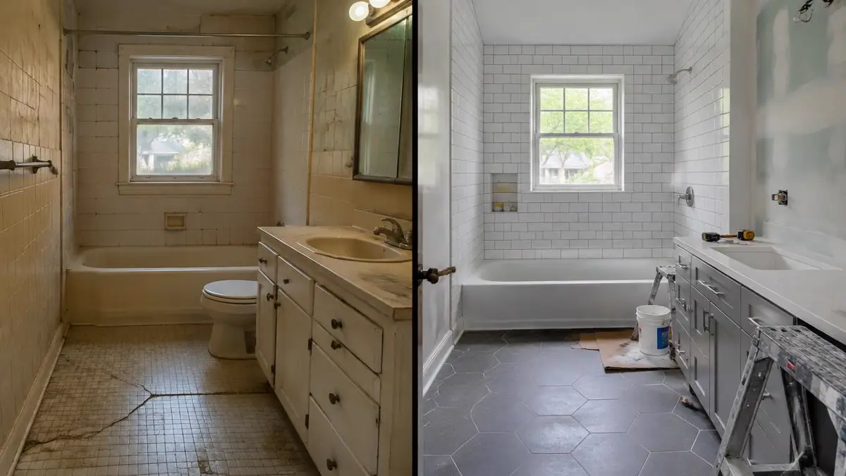 Bathroom shown before and during renovation, side by side
