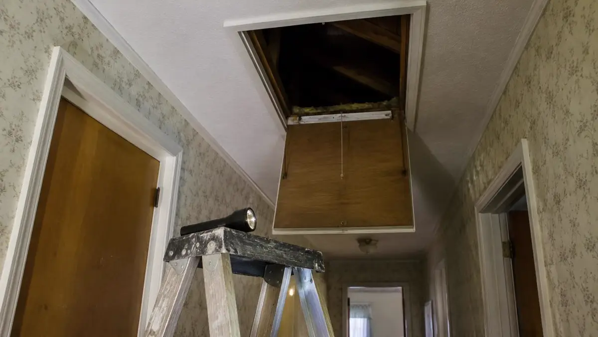 Open attic hatch and flashlight on a ladder in an older home hallway