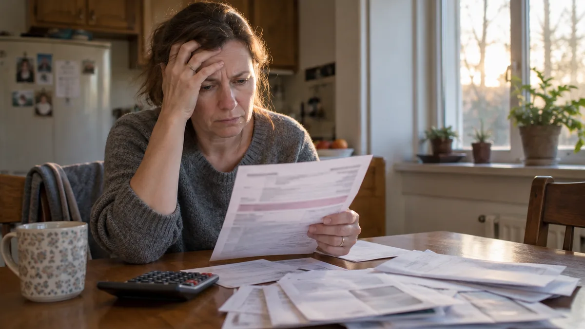 Worried homeowner holding a past-due property tax bill at a kitchen table stacked with envelopes