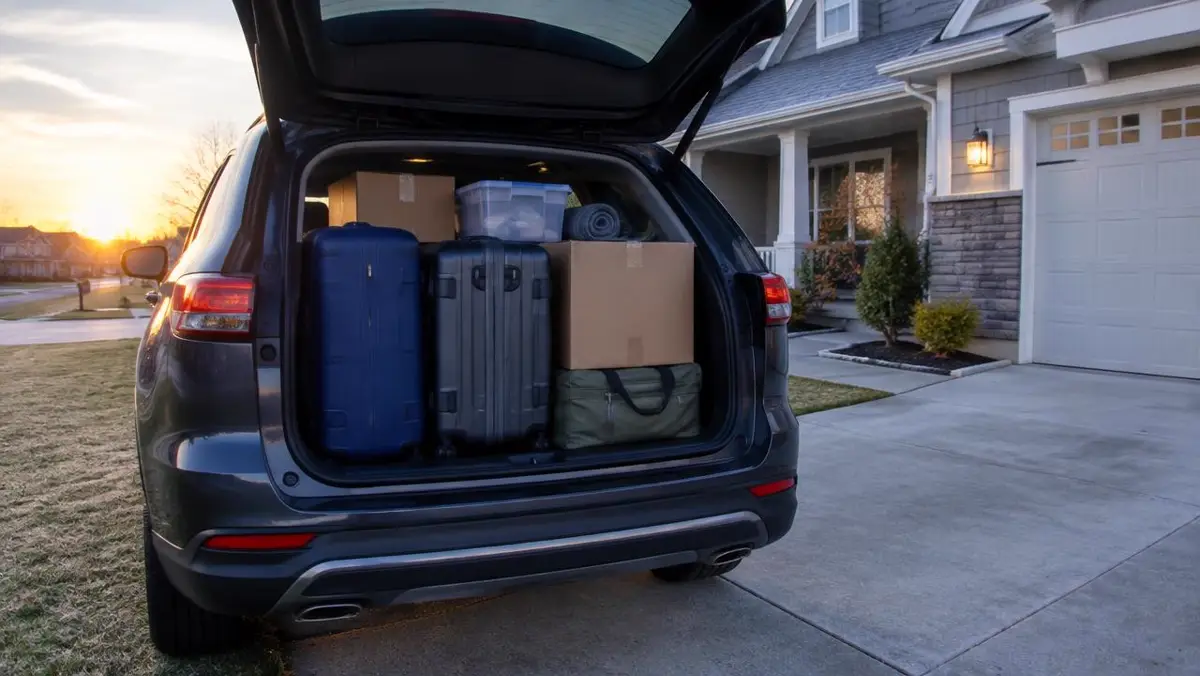 Packed SUV in a driveway at dawn ready for an out-of-state move