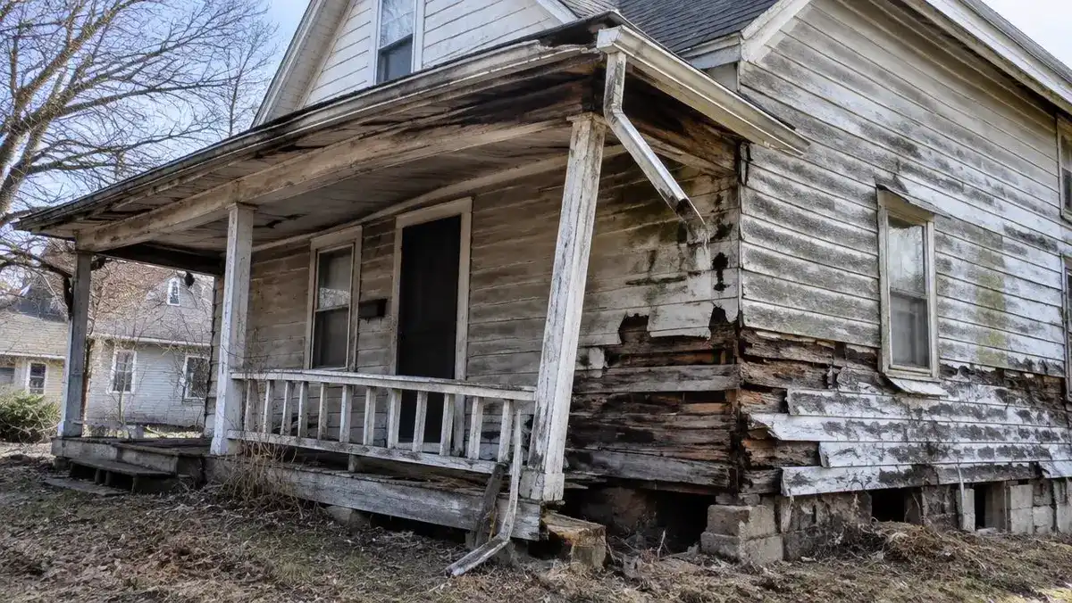 Older house with a sagging porch and rotted siding needing major repairs