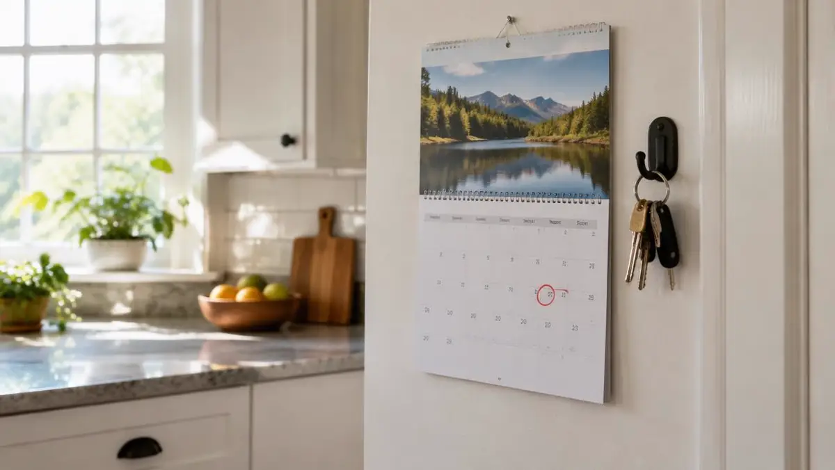 Kitchen wall calendar with a closing date circled beside hanging house keys