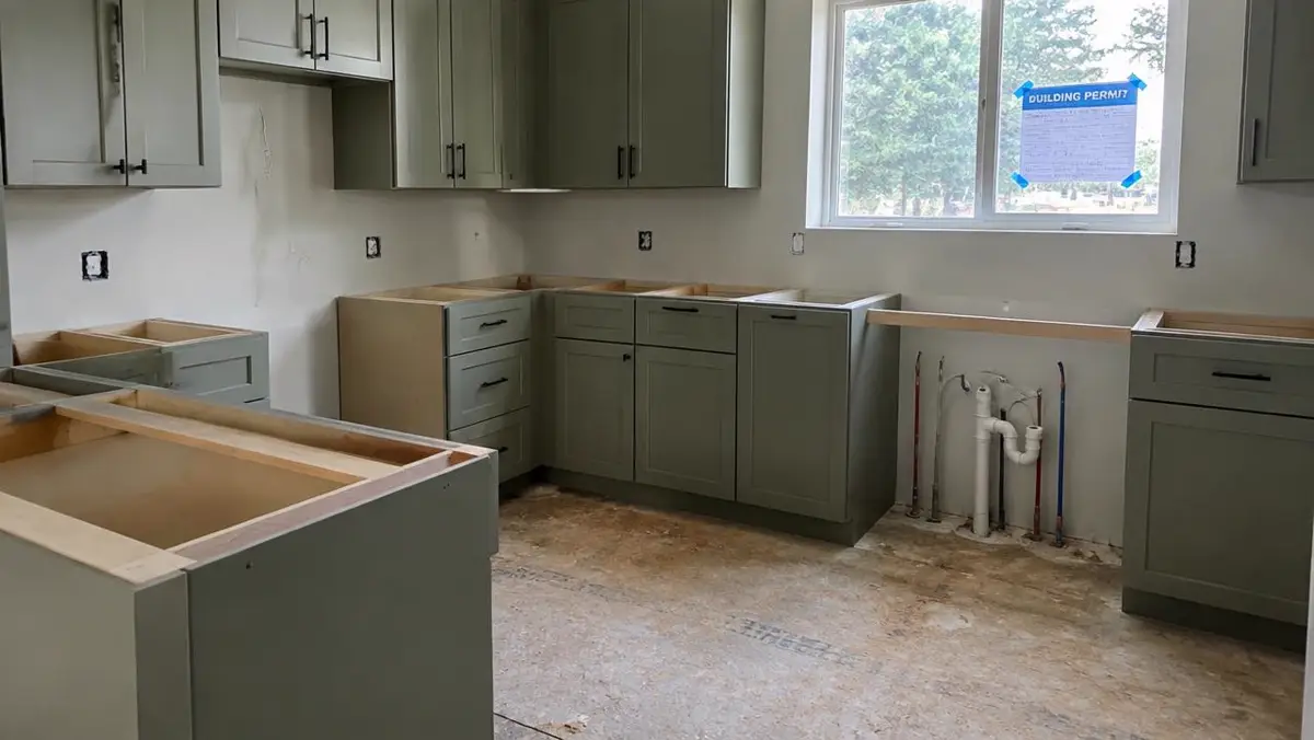 Half-finished kitchen remodel with no countertops and a building permit on the window