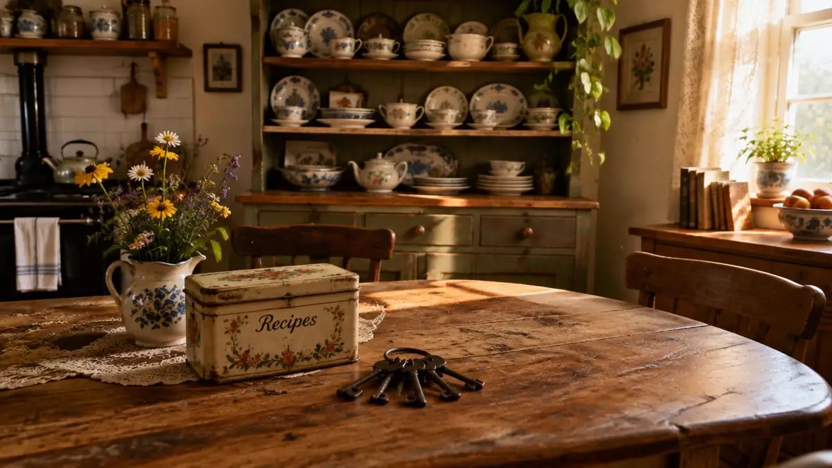 Inherited home kitchen with vintage dishes, a recipe tin and old keys