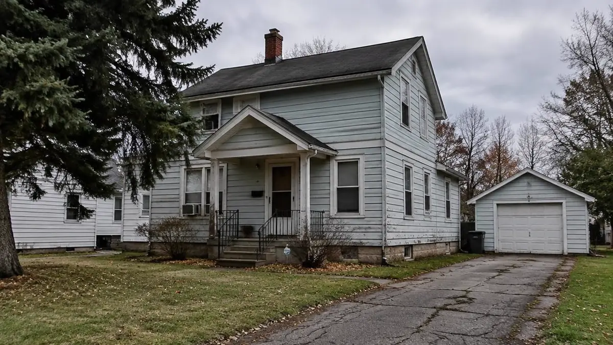 Dated two-story house with faded siding and a cracked driveway