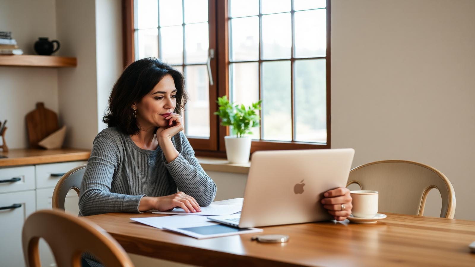 Homeowner reviewing selling paperwork on a laptop at a sunlit kitchen table — illustrating What Are Closing Costs When Selling a House? Complete Breakdown