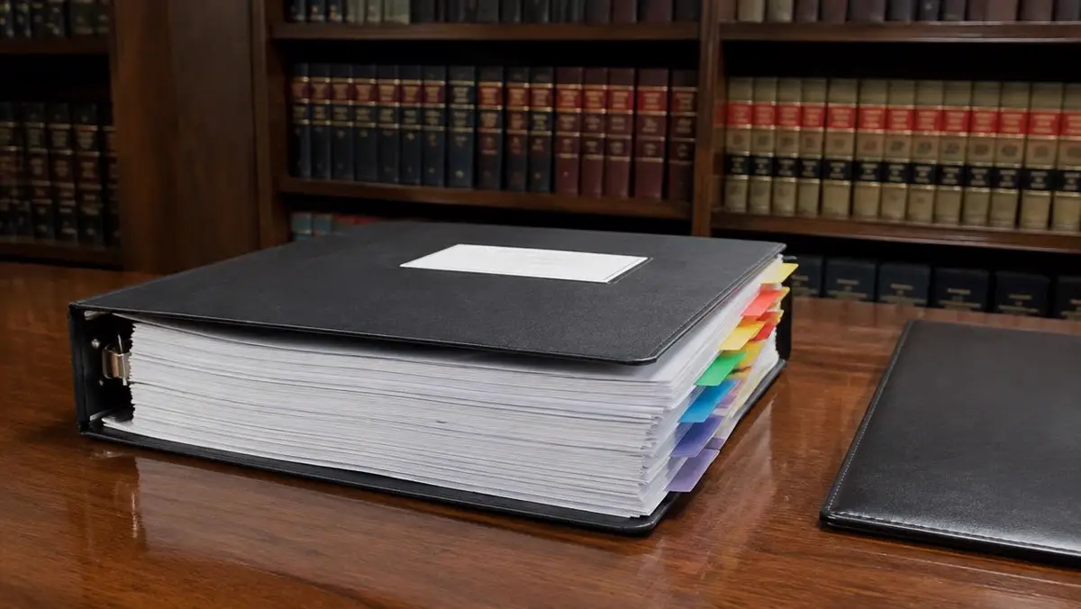 Tabbed bankruptcy case binder on a law office desk