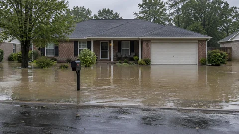 Brick ranch house with shallow floodwater covering the front lawn and driveway up to the porch after heavy rain