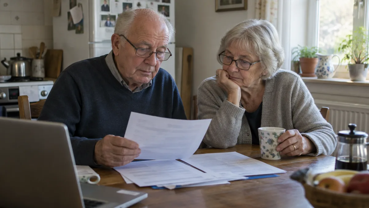 Senior couple reviewing mortgage paperwork together at their kitchen table