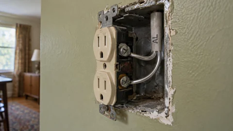 Open wall outlet in a 1970s home showing silver aluminum branch-circuit wires on the receptacle screws and cable marked AL