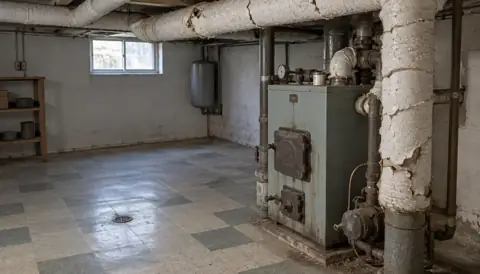 Old fibrous insulation wrap on basement heating pipes beside a vintage boiler and 9-inch floor tiles