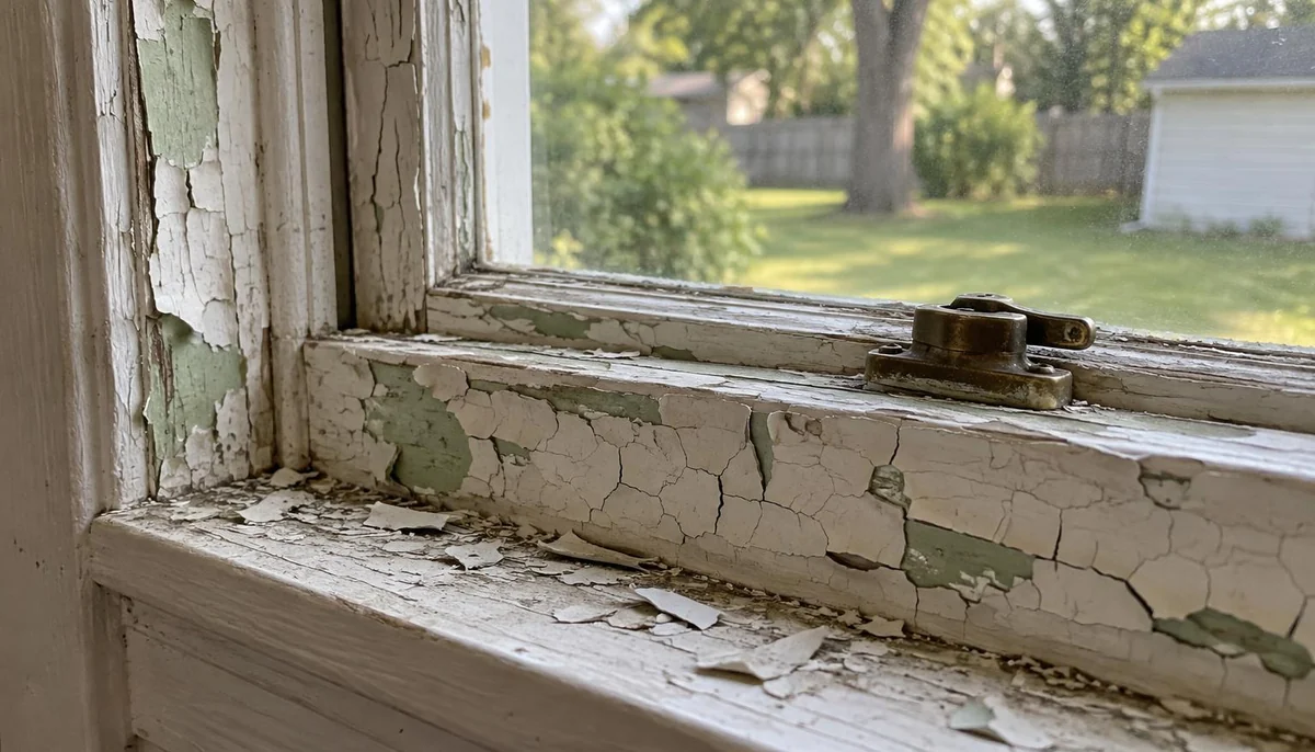 Peeling and chipped layers of old paint on a wooden sash window frame and sill in an older home