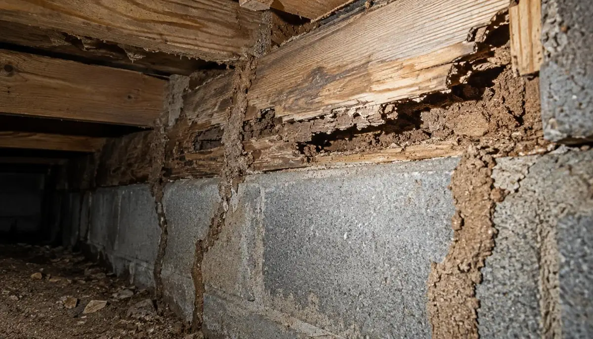 Hollowed sill plate and mud tubes on a concrete block foundation wall in a crawlspace