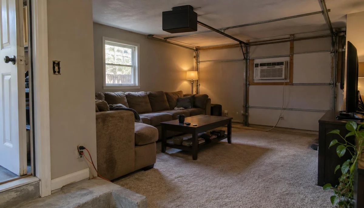 Garage converted into a carpeted living room, with the old garage door tracks and a window air conditioner still in place