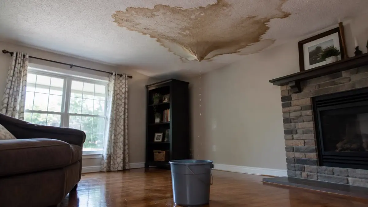 Water-stained living room ceiling dripping into a bucket on the floor