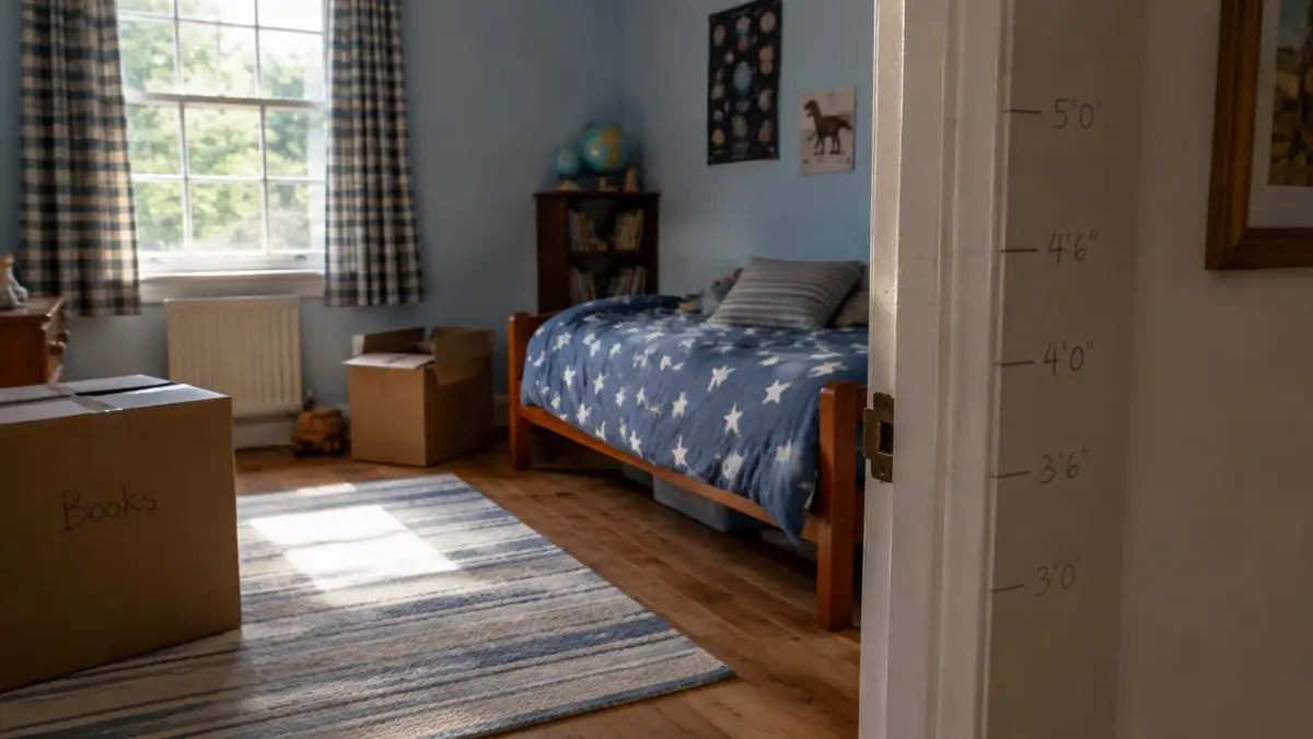 Empty child's bedroom with height marks on the door frame