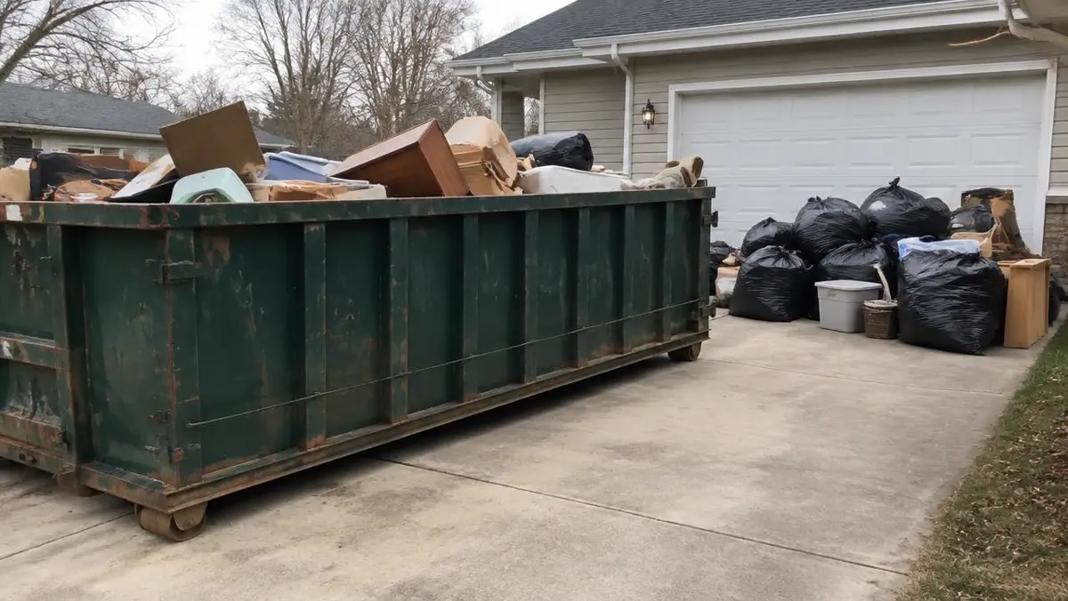 Roll-off dumpster and bagged junk in a driveway during a hoarder cleanout