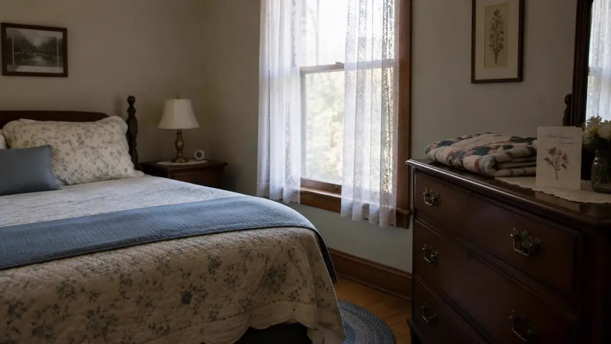 Quiet bedroom in a late relative's home with a sympathy card on the dresser