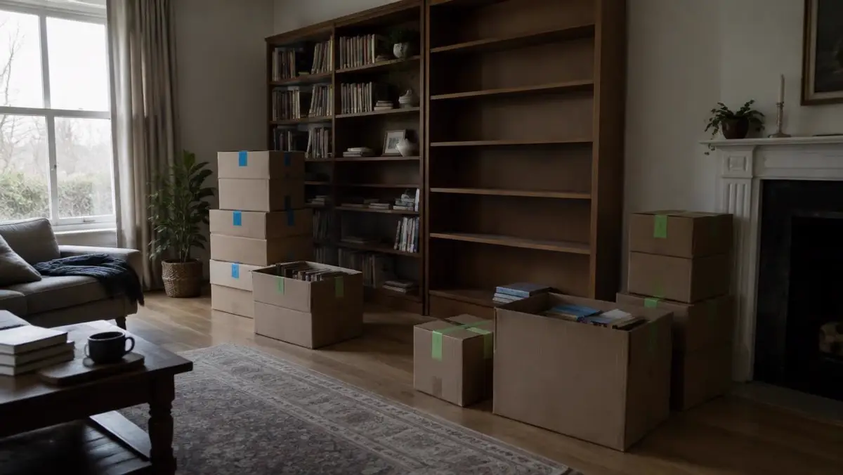 Living room bookshelf half packed into boxes marked with two tape colors