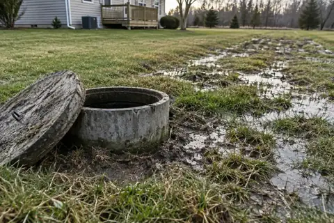 Open concrete septic tank access riser and waterlogged drain field beside a rural home