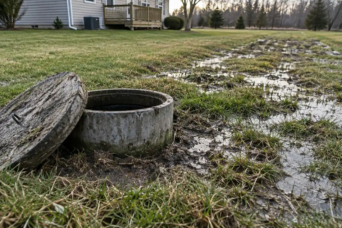 Open concrete septic tank access riser and waterlogged drain field beside a rural home