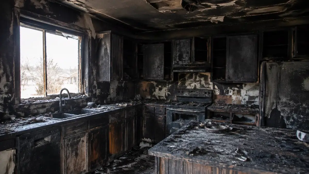 Kitchen interior charred and blackened after a house fire