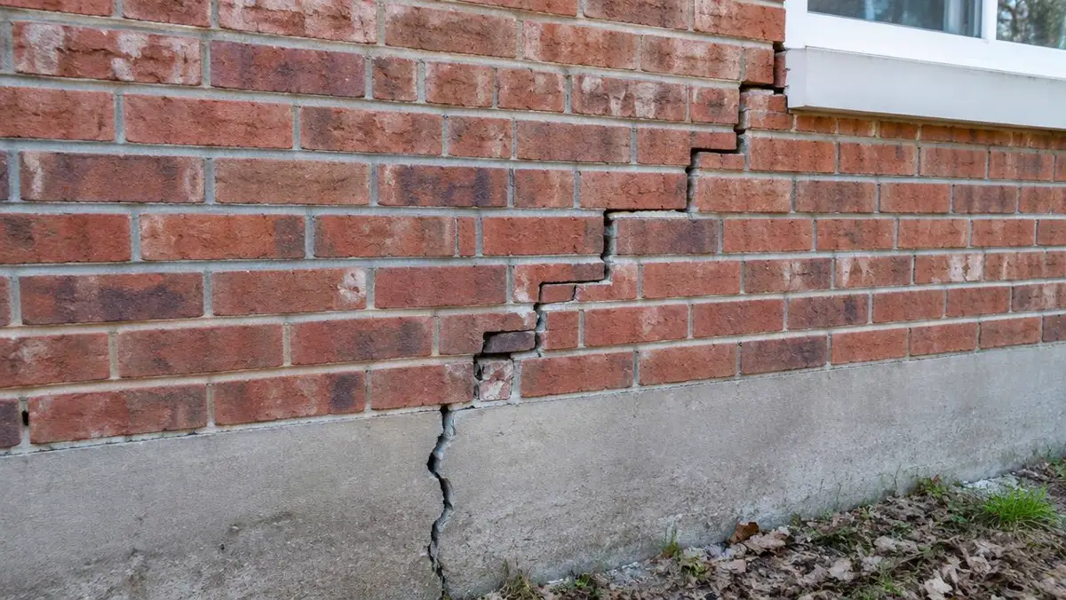Stair-step crack running through a brick wall into the foundation