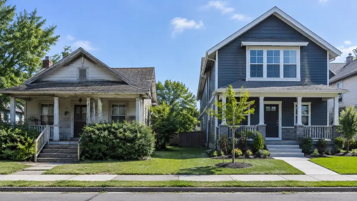 Older house and newer house side by side on the same street