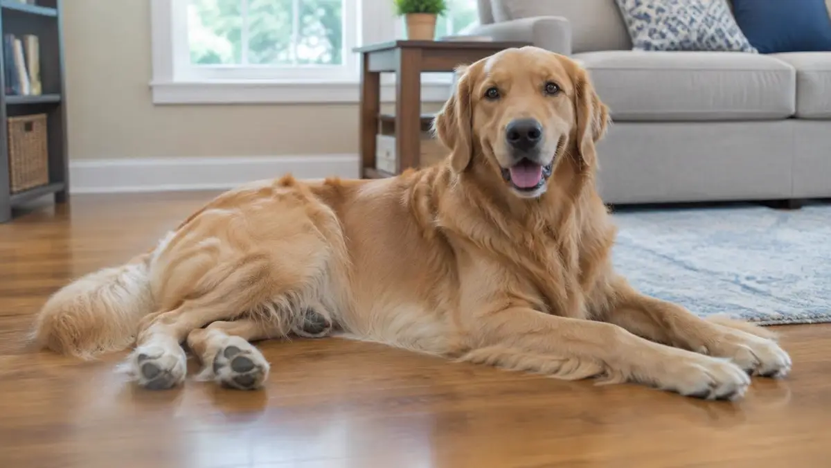 Golden retriever lying on a living room floor