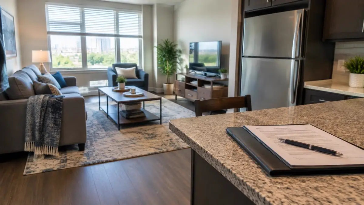 Tenant-occupied rental apartment with a lease folder on the counter
