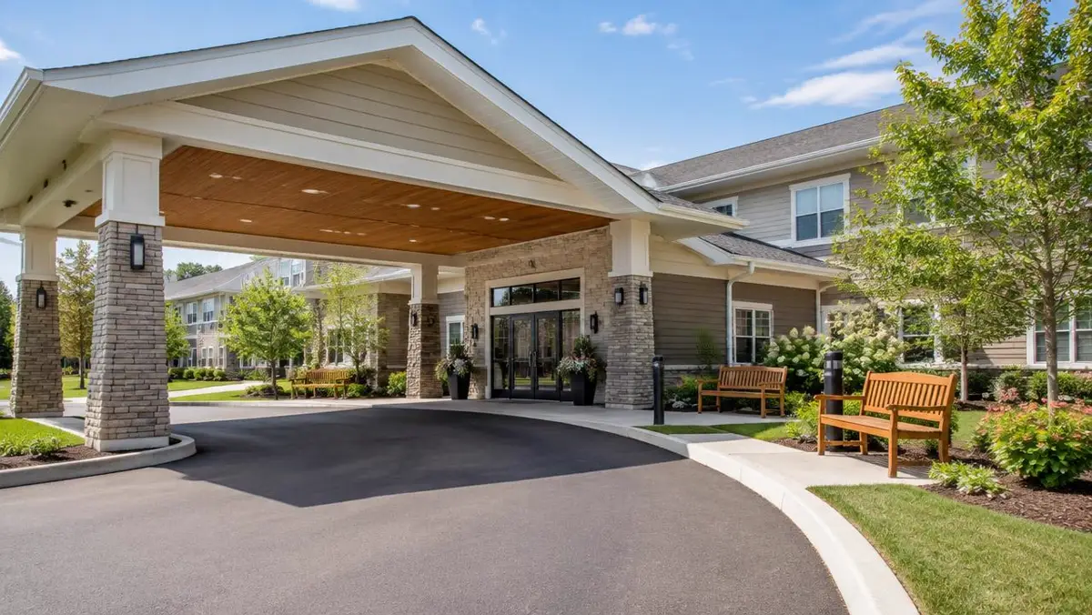 Entrance of an assisted living residence with benches and landscaping