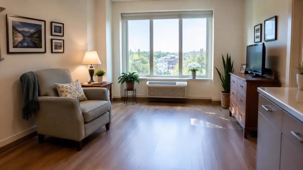Bright senior living apartment with an armchair and large window