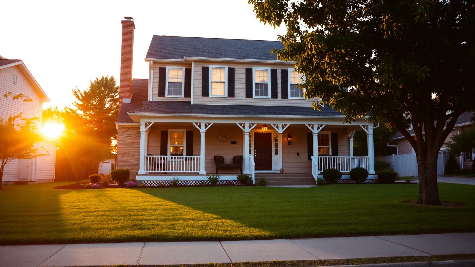 Two-story suburban family home with a covered front porch photographed at golden hour — illustrating How to Sell Your House Fast in 2025: The Complete Homeowner's Guide