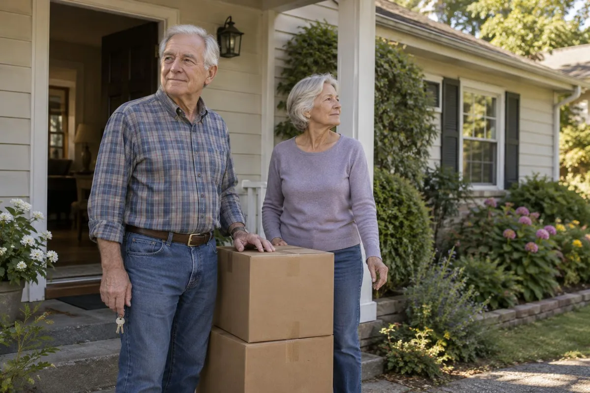 Retired couple with moving boxes and house keys outside their longtime suburban home