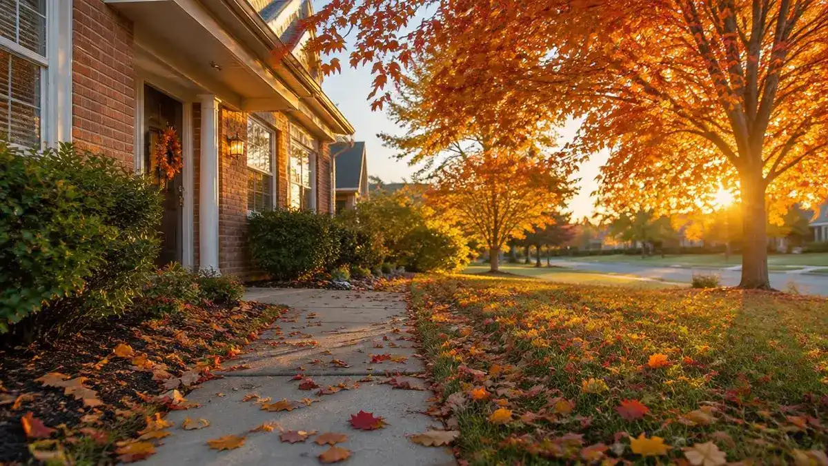Autumn leaves along the front walk of a brick home