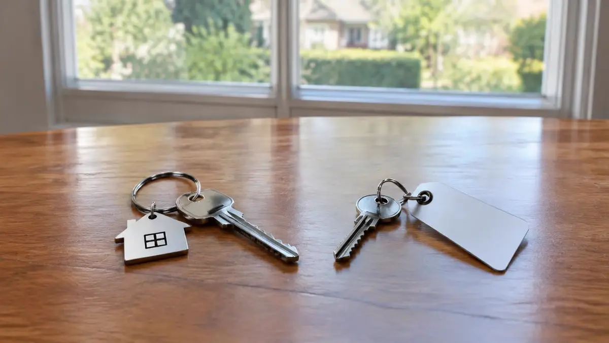 Two house keys on a table, one tagged as home and one as a rental