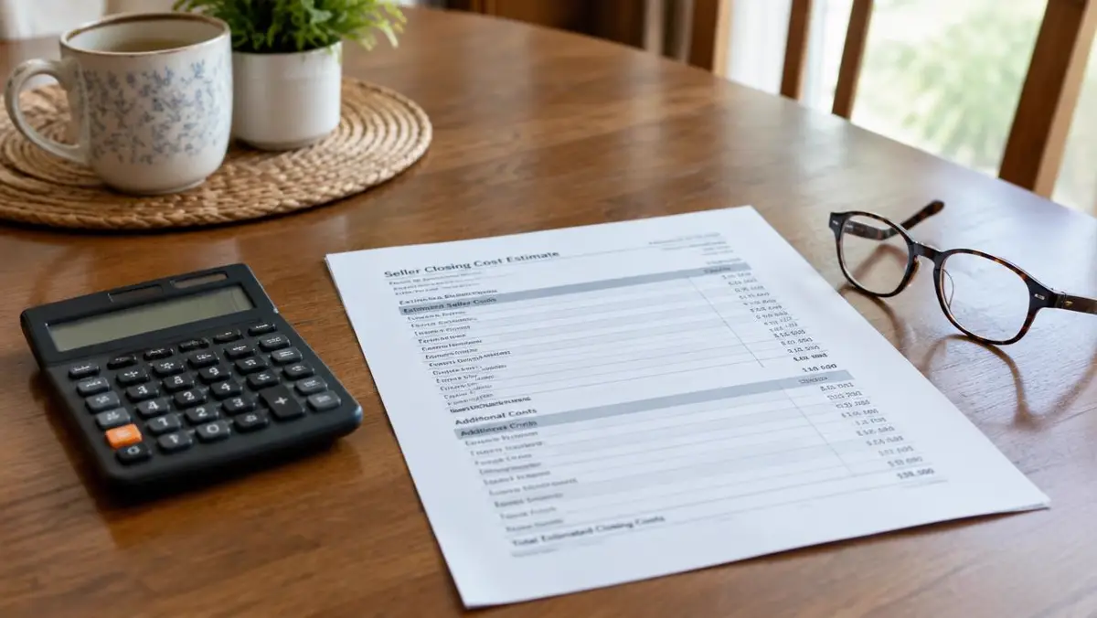 Seller closing cost estimate sheet with calculator and glasses