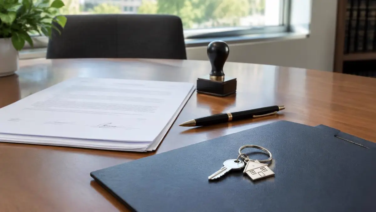 Signed closing papers, notary stamp and keys on a settlement table