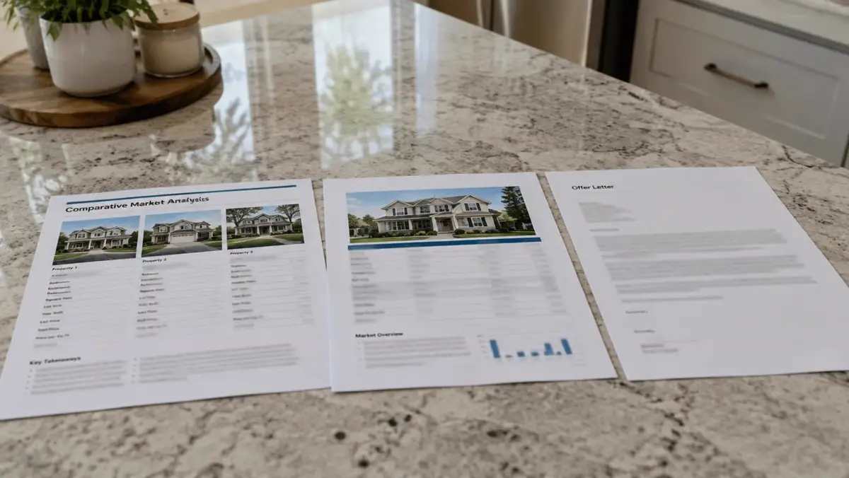 Comparable sales report and offer letter laid out on a kitchen island
