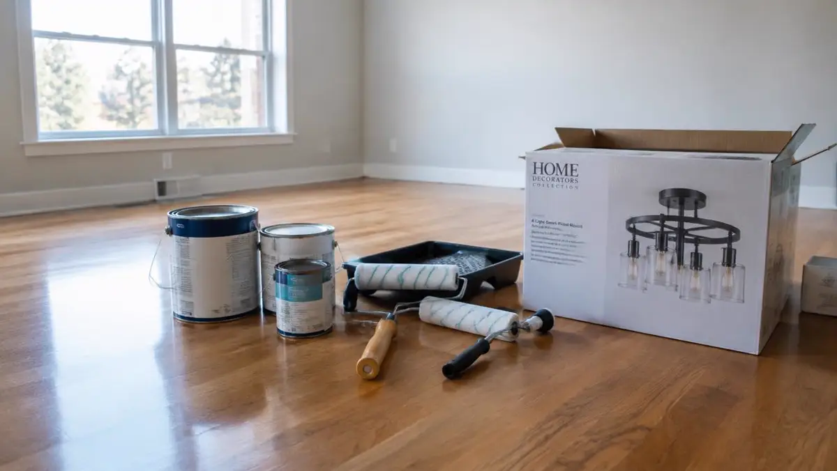 Unused paint cans, rollers and a boxed light fixture in an empty room