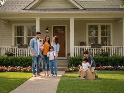 Family of six stands in front of a cozy, flower-adorned house. Parents hold a baby, children play on the lawn, creating a warm, cheerful scene.