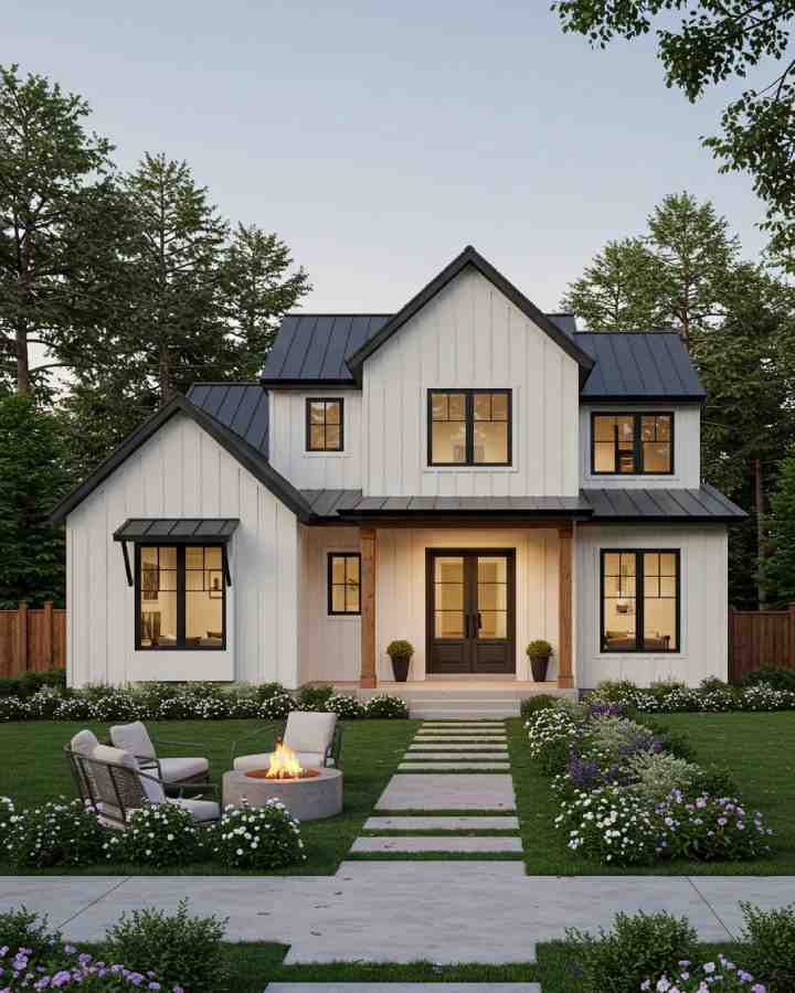 A modern white house with dark roof accents, surrounded by lush greenery and flowers.