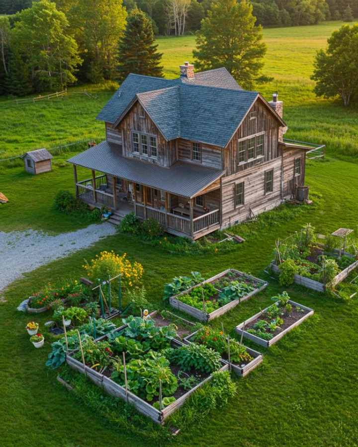 wooden house surrounded by lush greenery and a vibrant vegetable garden with raised beds. The scene conveys tranquility and rural charm.
